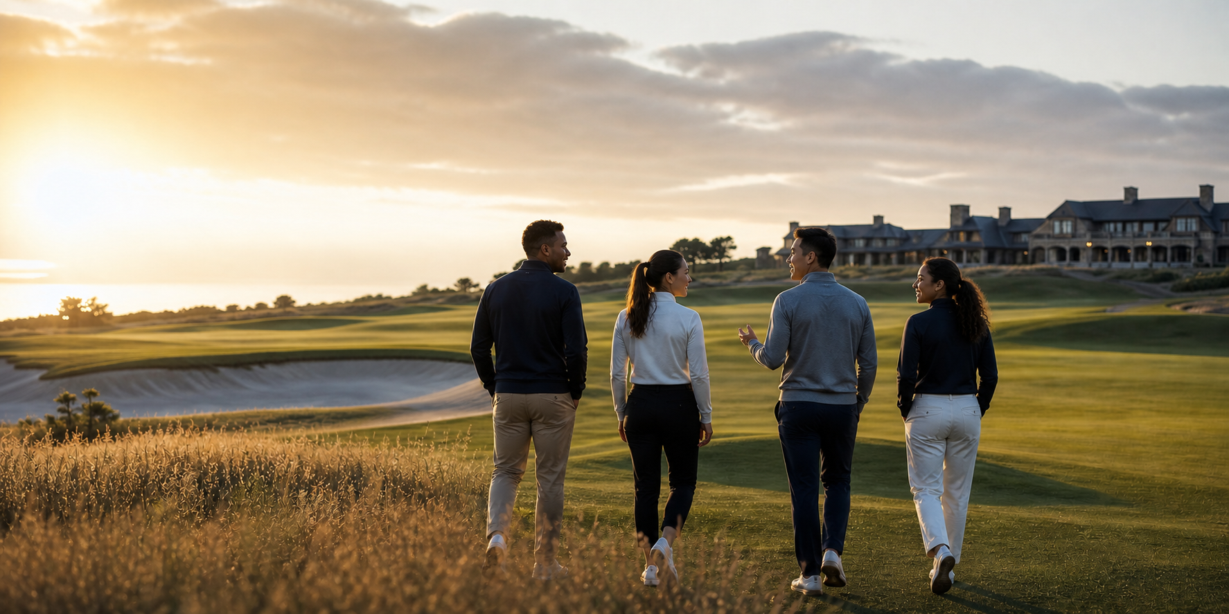 Senior leaders walking together across a quiet golf course at sunrise